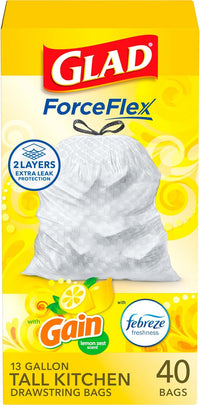 Glad ForceFlex Tall Kitchen Drawstring Trash Bags, 13 Gal, Gain Lemon Zest, 40 Ct (Package May Vary) - 7DAY'S