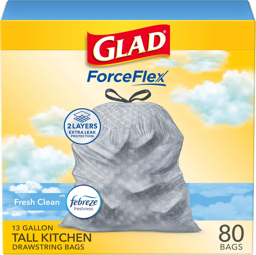 Glad ForceFlex Tall Kitchen Drawstring Trash Bags, 13 Gal, Gain Lemon Zest, 40 Ct (Package May Vary) - 7DAY'S