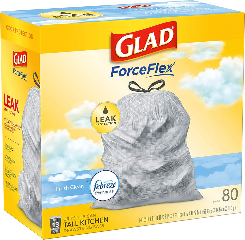 Glad ForceFlex Tall Kitchen Drawstring Trash Bags, 13 Gal, Gain Lemon Zest, 40 Ct (Package May Vary) - 7DAY'S