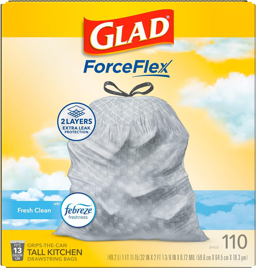 Glad ForceFlex Tall Kitchen Drawstring Trash Bags, 13 Gal, Gain Lemon Zest, 40 Ct (Package May Vary) - 7DAY'S