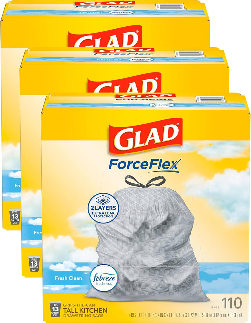 Glad ForceFlex Tall Kitchen Drawstring Trash Bags, 13 Gal, Gain Lemon Zest, 40 Ct (Package May Vary) - 7DAY'S