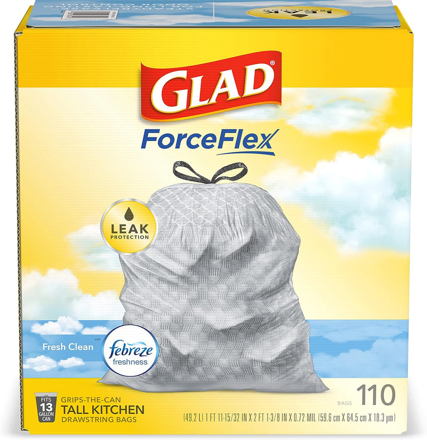 Glad ForceFlex Tall Kitchen Drawstring Trash Bags, 13 Gal, Gain Lemon Zest, 40 Ct (Package May Vary) - 7DAY'S
