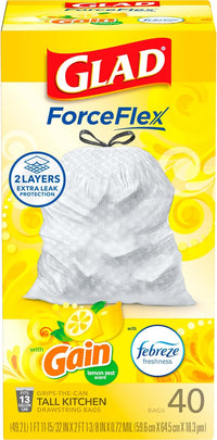 Glad ForceFlex Tall Kitchen Drawstring Trash Bags, 13 Gal, Gain Lemon Zest, 40 Ct (Package May Vary) - 7DAY'S