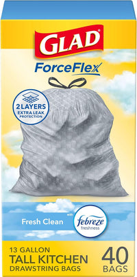 Glad ForceFlex Tall Kitchen Drawstring Trash Bags, 13 Gal, Gain Lemon Zest, 40 Ct (Package May Vary) - 7DAY'S