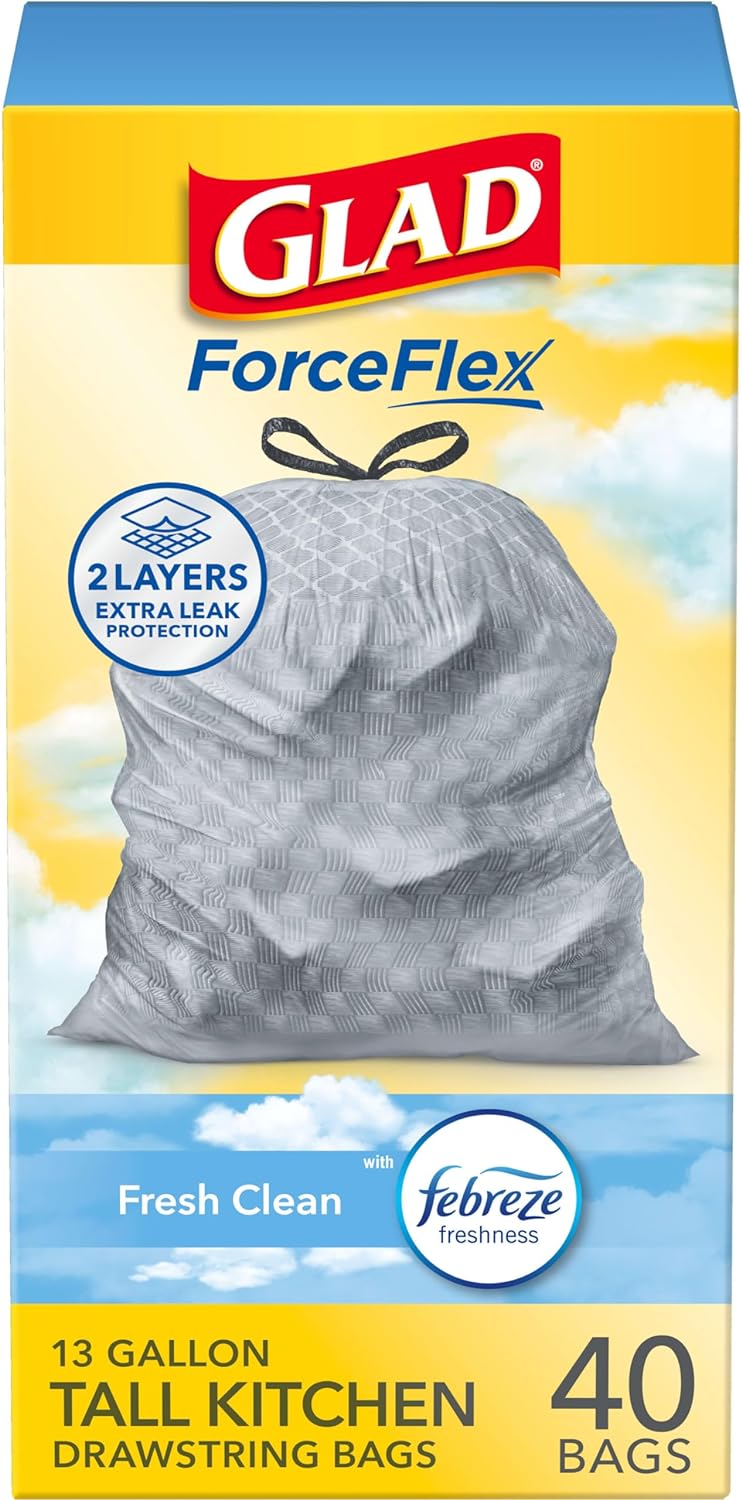 Glad ForceFlex Tall Kitchen Drawstring Trash Bags, 13 Gal, Gain Lemon Zest, 40 Ct (Package May Vary) - 7DAY'S