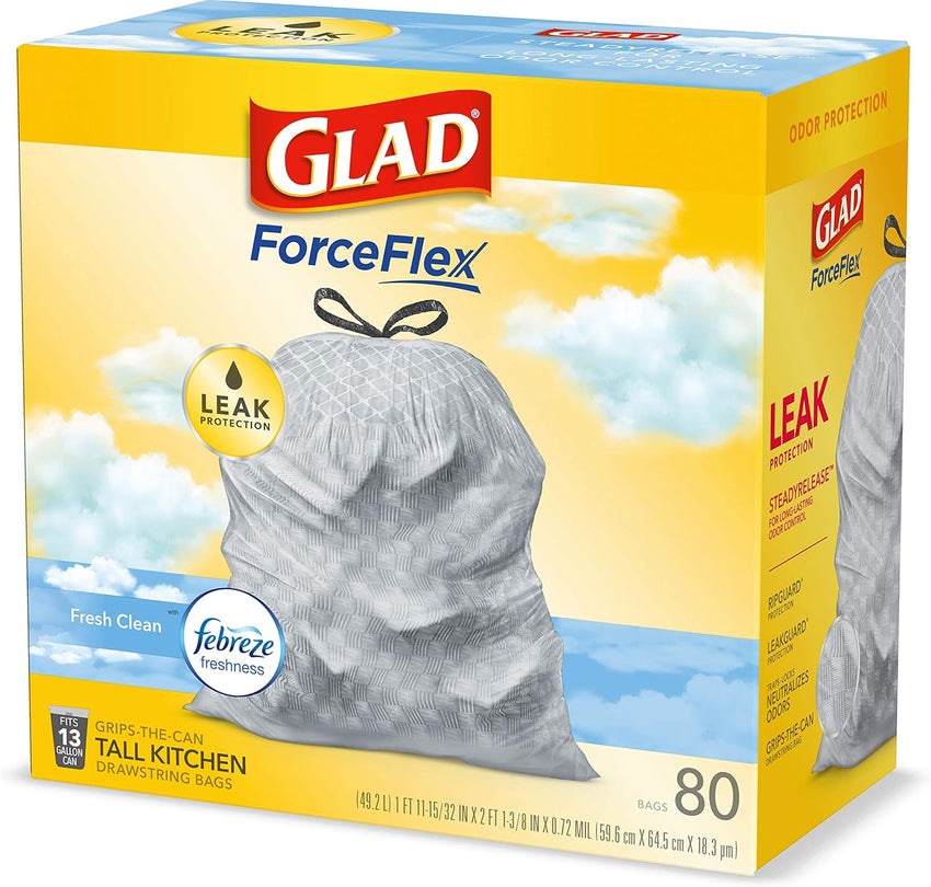 Glad ForceFlex Tall Kitchen Drawstring Trash Bags, 13 Gal, Gain Lemon Zest, 40 Ct (Package May Vary) - 7DAY'S