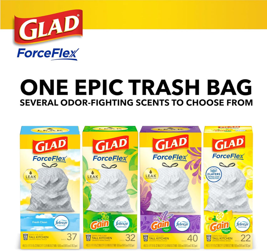 Glad ForceFlex Tall Kitchen Drawstring Trash Bags, 13 Gal, Gain Lemon Zest, 40 Ct (Package May Vary) - 7DAY'S