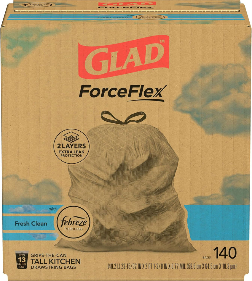 Glad ForceFlex Tall Kitchen Drawstring Trash Bags, 13 Gal, Gain Lemon Zest, 40 Ct (Package May Vary) - 7DAY'S