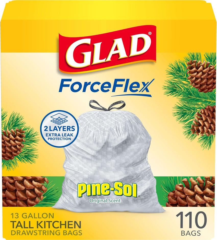 Glad ForceFlex Tall Kitchen Drawstring Trash Bags, 13 Gal, Gain Lemon Zest, 40 Ct (Package May Vary) - 7DAY'S