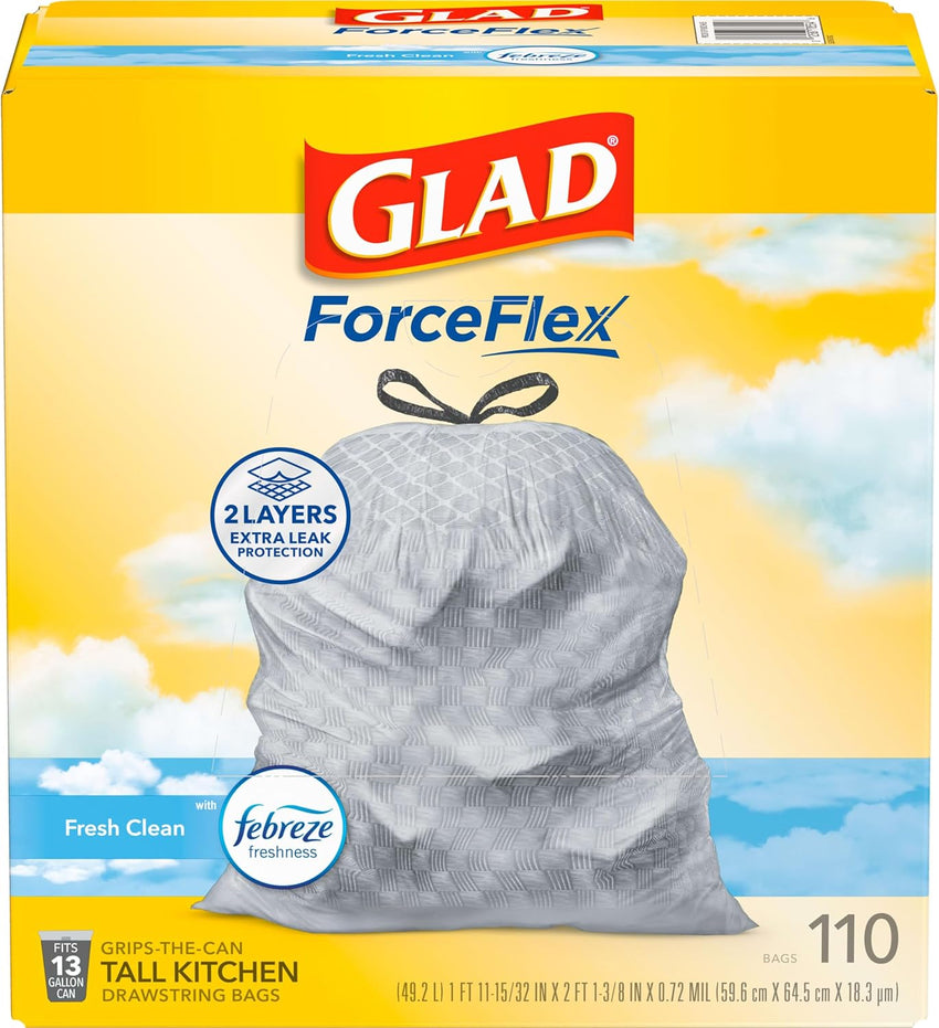 Glad ForceFlex Tall Kitchen Drawstring Trash Bags, 13 Gal, Gain Lemon Zest, 40 Ct (Package May Vary) - 7DAY'S