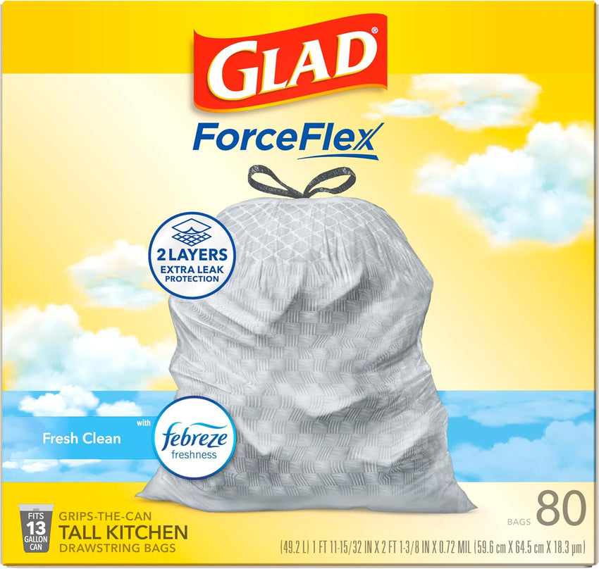 Glad ForceFlex Tall Kitchen Drawstring Trash Bags, 13 Gal, Gain Lemon Zest, 40 Ct (Package May Vary) - 7DAY'S