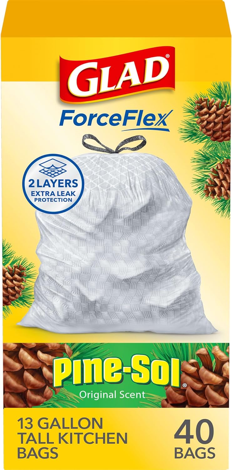 Glad ForceFlex Tall Kitchen Drawstring Trash Bags, 13 Gal, Gain Lemon Zest, 40 Ct (Package May Vary) - 7DAY'S