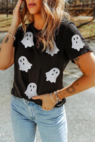 Halloween Glitter Ghost Round Neck Short Sleeve T-Shirt For women all sizes - 7DAY'S