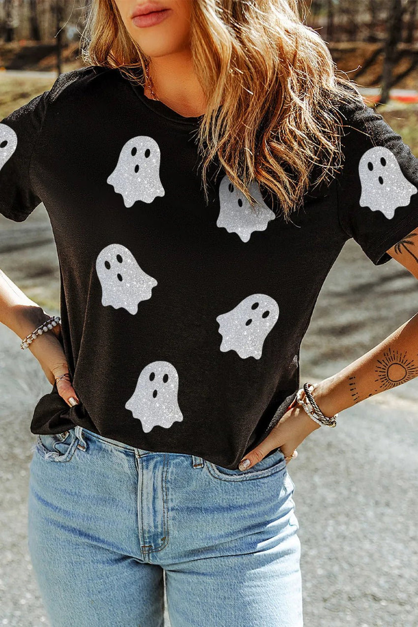 Halloween Glitter Ghost Round Neck Short Sleeve T-Shirt For women all sizes - 7DAY'S