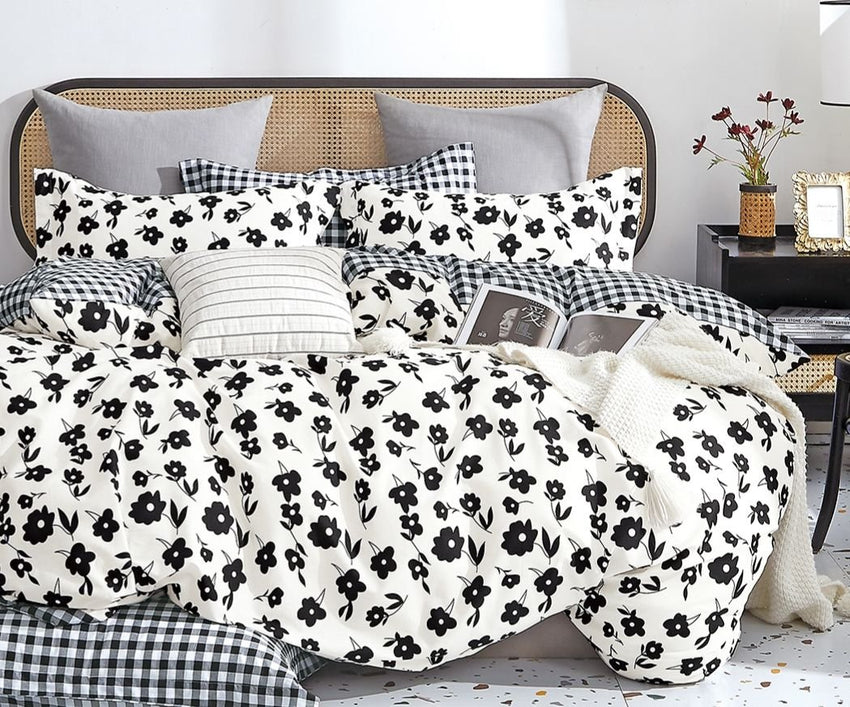 Hepburn Black/White Floral 100% Cotton Reversible Comforter Set - 7DAY'S