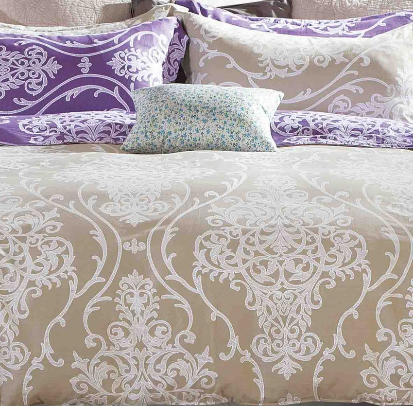 Hermman Beige/Purple Damask 100% Cotton Comforter Set - 7DAY'S