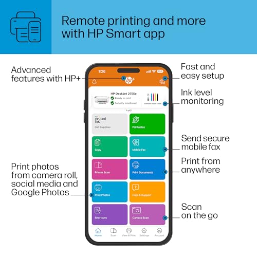 HP DeskJet 2755e Wireless Color inkjet - printer, Print, scan, copy, Easy setup, Mobile printing, Best - for home, 6 month Instant Ink trial included, white (packaging may vary) - 7DAY'S