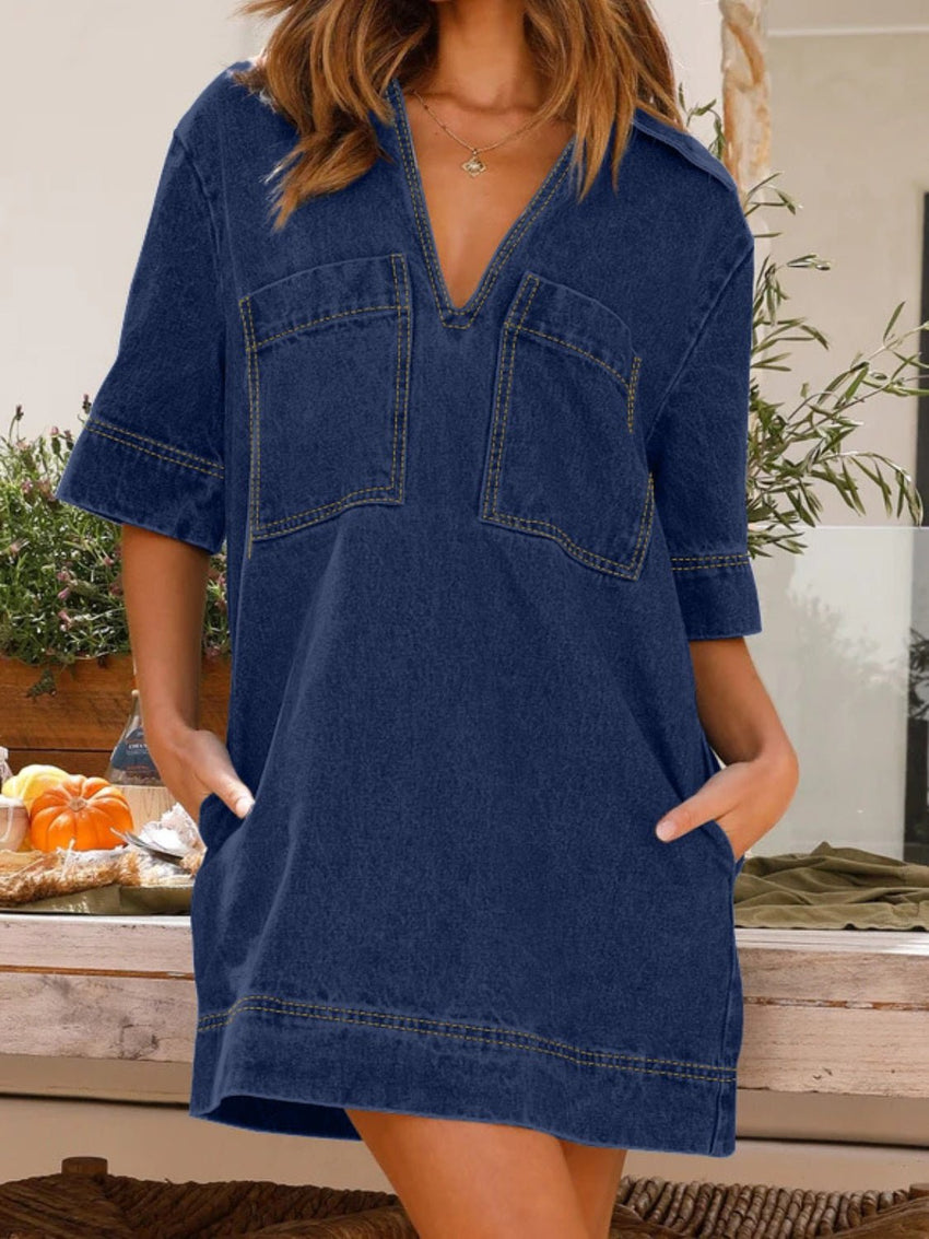 Johnny Collar Half Sleeve Denim Dress - 7DAY'S