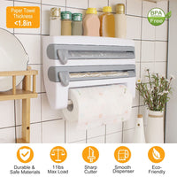 Kitchen Roll Dispenser Paper Roll Holder Plastic Wrap Film Foil Paper Organizer w/ Cutter Wall Mounted for Kitchen Bathroom - 7DAY'S