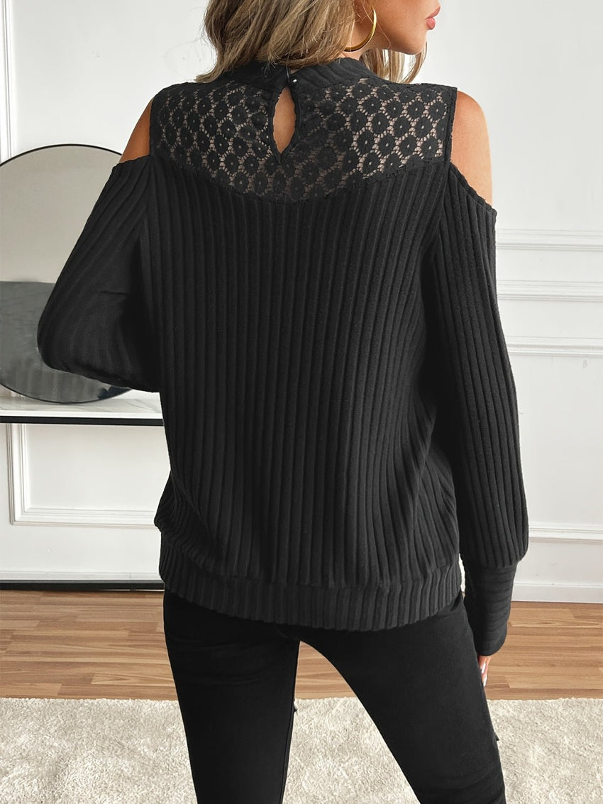 Lace Detail Mock Neck Cold Shoulder T-Shirt - 7DAY'S