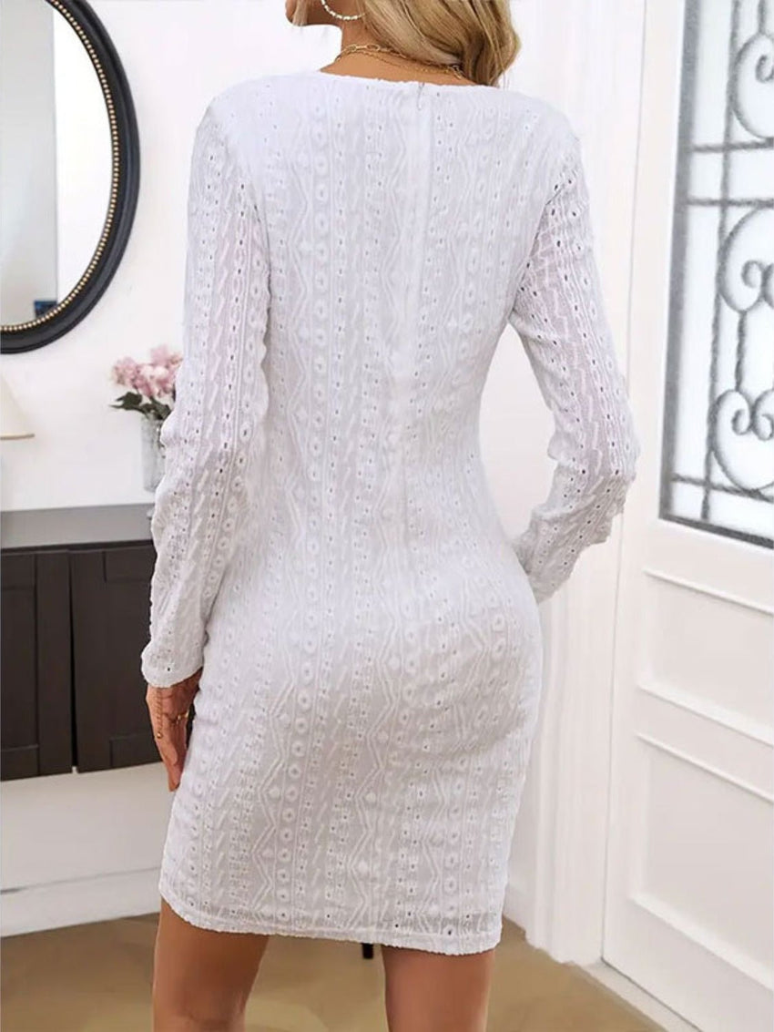 Lace Detail Round Neck Long Sleeve Mini Dress - 7DAY'S