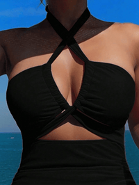 Ladies' cross pleated sexy hanging neck and exposed waist one - piece bikini swimsuit - 7DAY'S