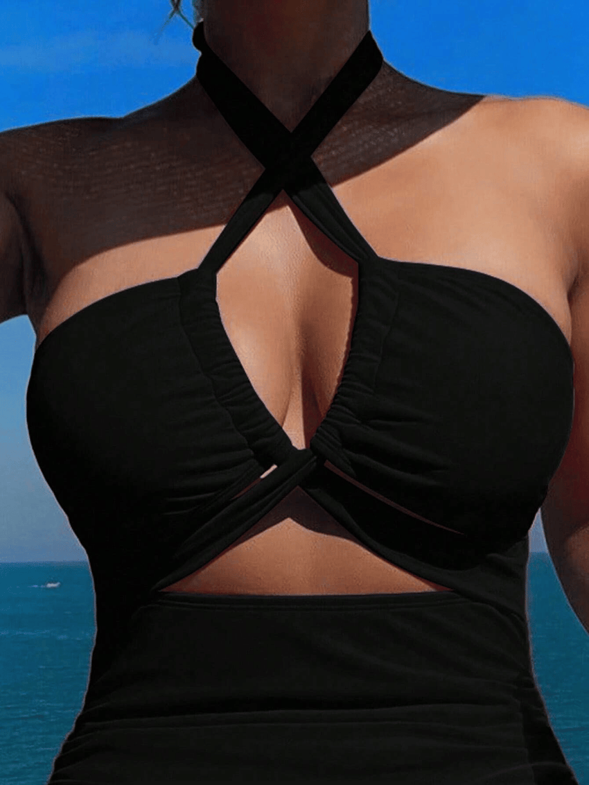 Ladies' cross pleated sexy hanging neck and exposed waist one - piece bikini swimsuit - 7DAY'S