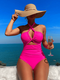 Ladies' cross pleated sexy hanging neck and exposed waist one - piece bikini swimsuit - 7DAY'S
