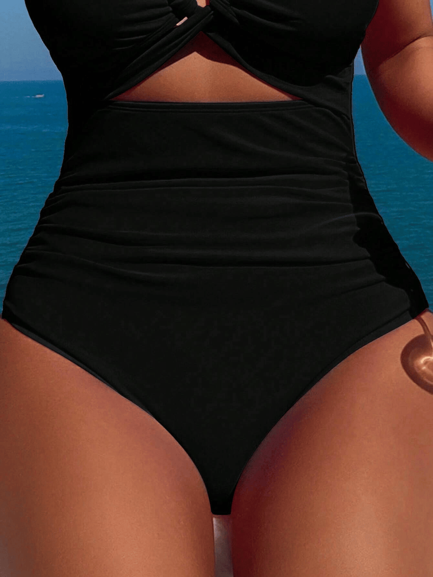 Ladies' cross pleated sexy hanging neck and exposed waist one - piece bikini swimsuit - 7DAY'S