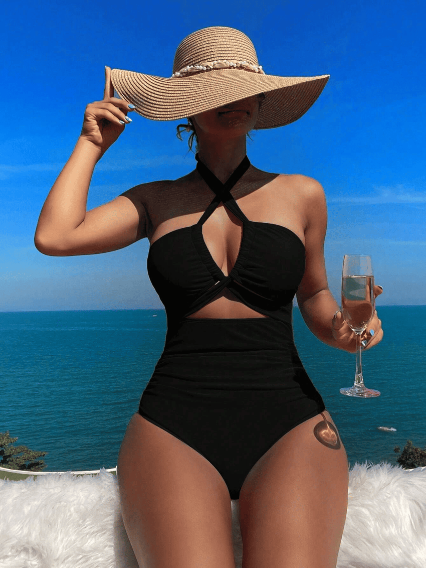 Ladies' cross pleated sexy hanging neck and exposed waist one - piece bikini swimsuit - 7DAY'S