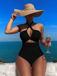 Ladies' cross pleated sexy hanging neck and exposed waist one - piece bikini swimsuit - 7DAY'S