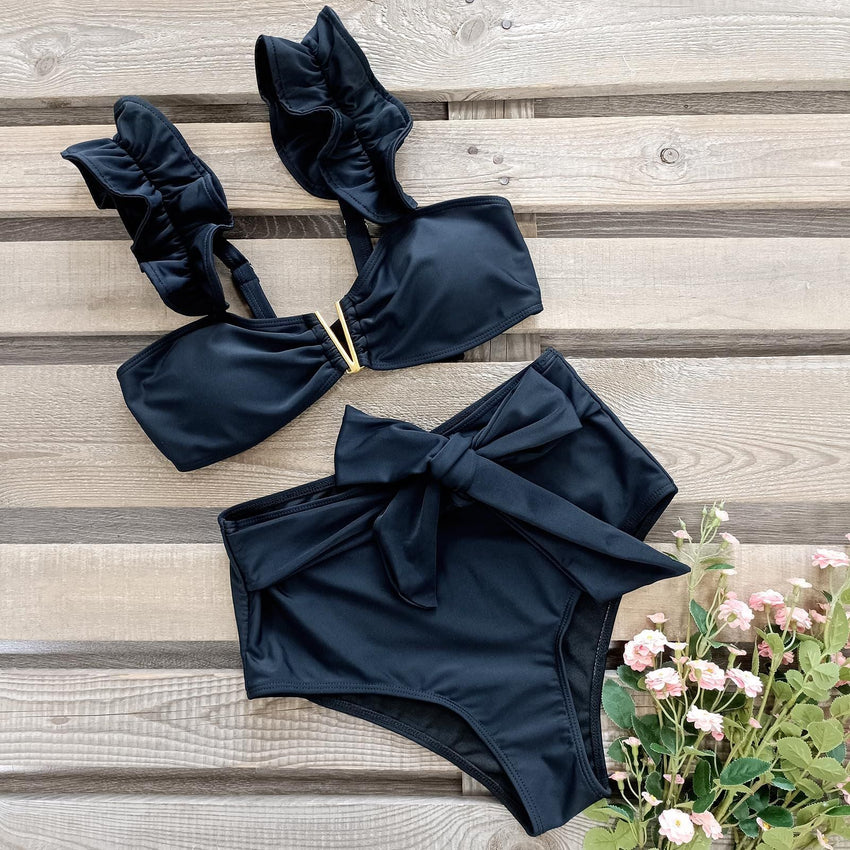 Ladies' split ruffle edge solid color high waist sexy bikini swimsuit looks slim - 7DAY'S