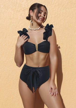 Ladies' split ruffle edge solid color high waist sexy bikini swimsuit looks slim