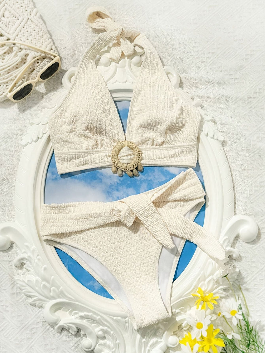 Ladies' white split beach bikini swimwear with shell embellishment, elegant and sexy - 7DAY'S