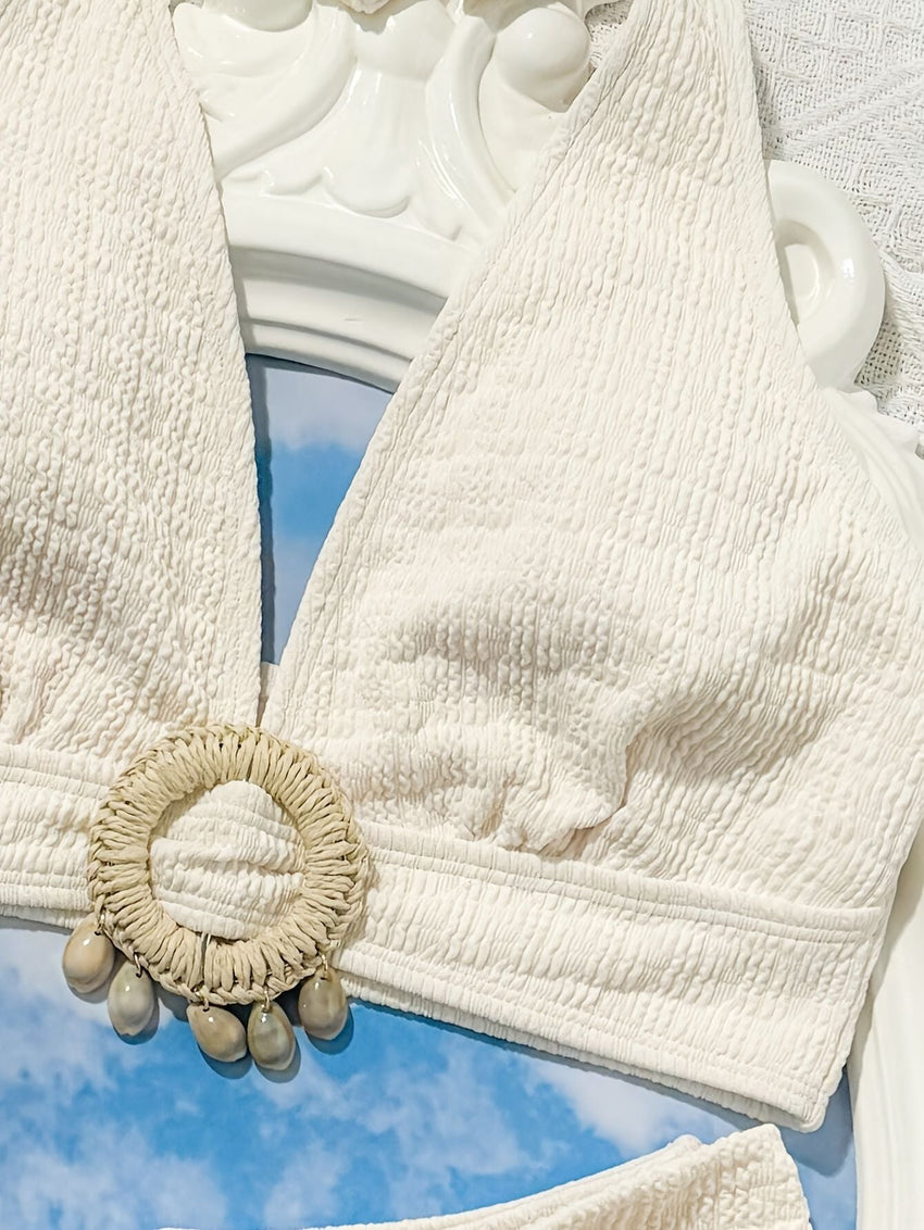 Ladies' white split beach bikini swimwear with shell embellishment, elegant and sexy - 7DAY'S