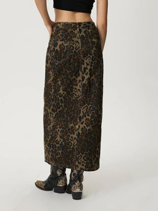 Leopard Button Up Denim Skirt - 7DAY'S