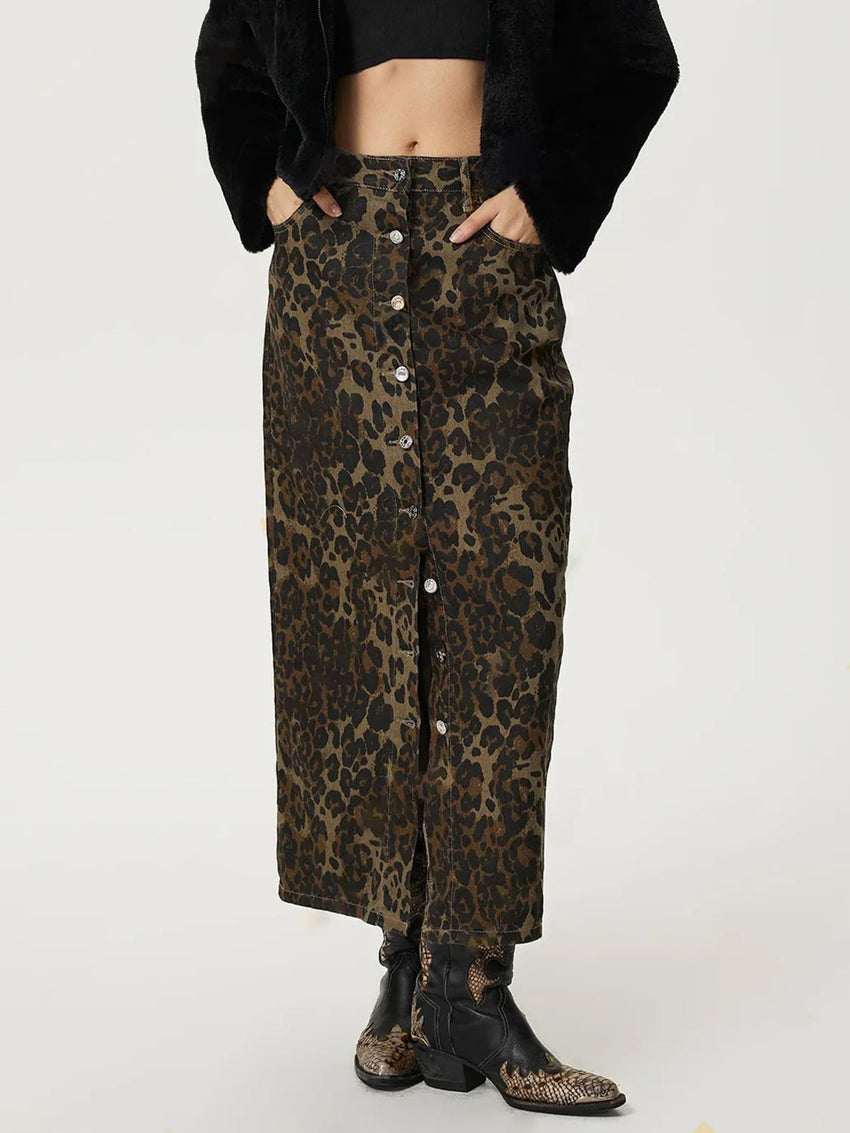 Leopard Button Up Denim Skirt - 7DAY'S