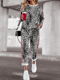 Leopard Round Neck Long Sleeve Top and Pants Set - 7DAY'S