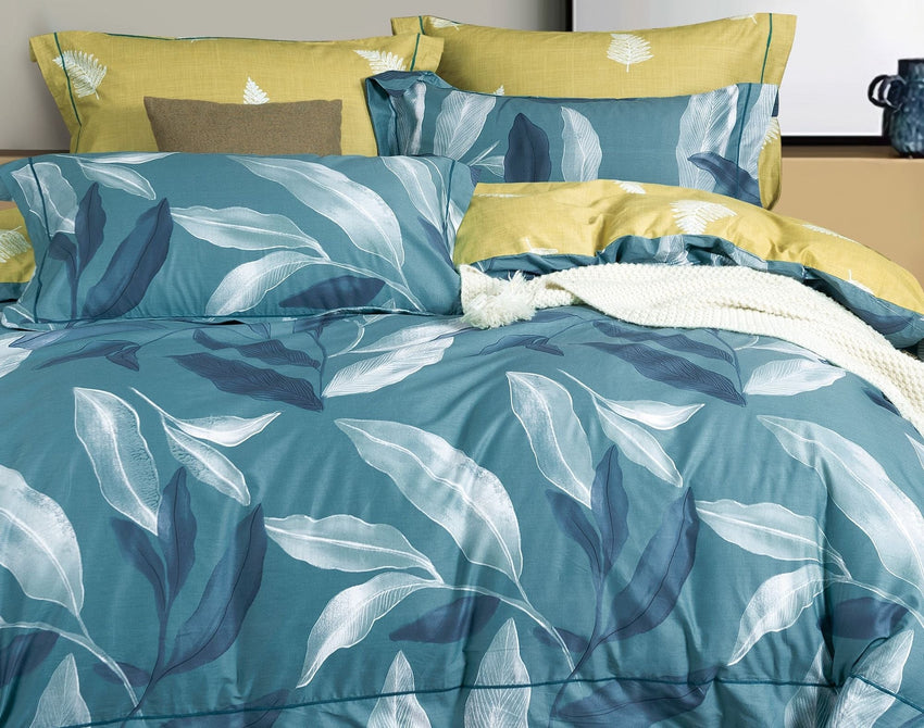 Linnett Blue Banana Leaves 100% Cotton Reversible Comforter Set - 7DAY'S