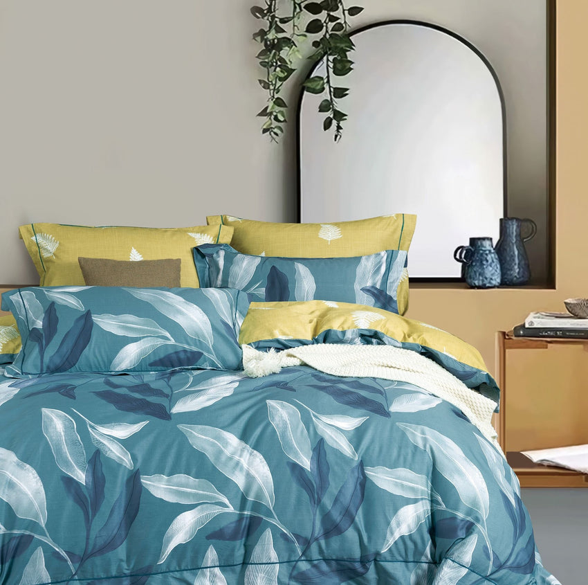 Linnett Blue Banana Leaves 100% Cotton Reversible Comforter Set - 7DAY'S