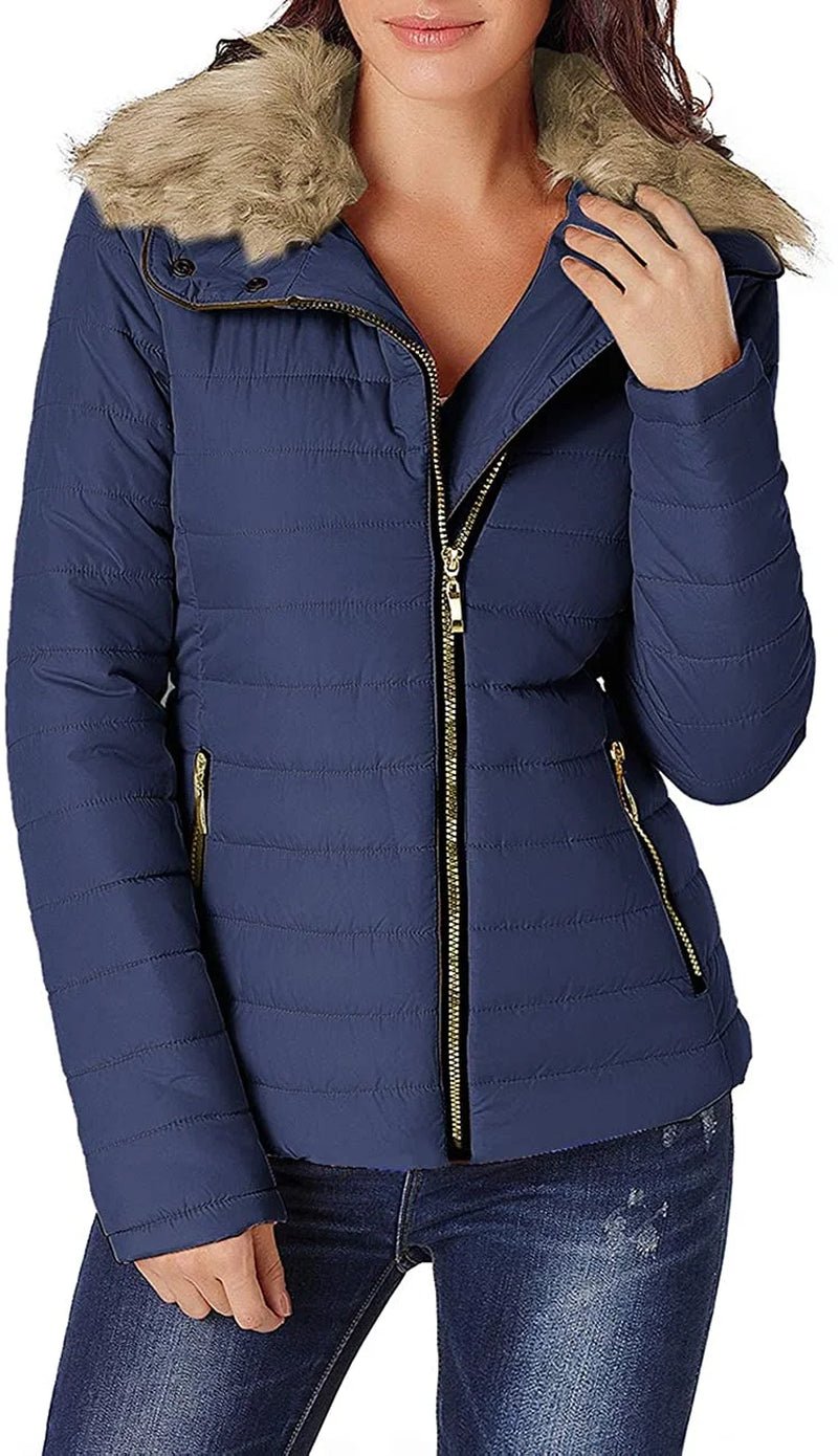 luvamia Women Parka Coat Pockets Quilted Puffer Jacket with Faux Fur Lapel, Size S - 2XL - 7DAY'S