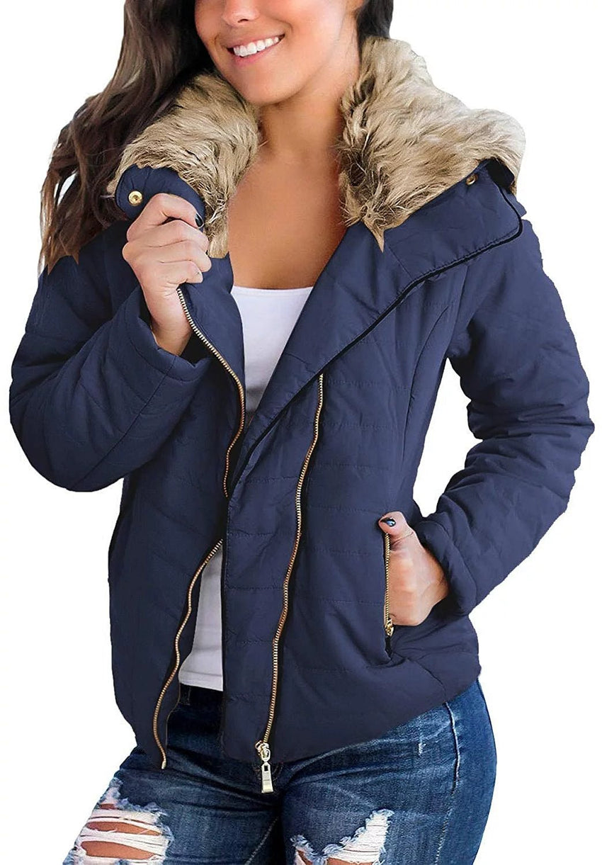 luvamia Women Parka Coat Pockets Quilted Puffer Jacket with Faux Fur Lapel, Size S - 2XL - 7DAY'S