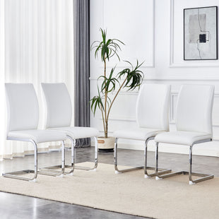 Luxury Simple Arch Chair - Set of 4 White PU Material High Resilience Dining Chair with Arched Metal Silver Leg. - 7DAY'S