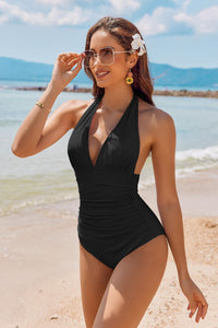 Minimally sophisticated V - neck swimsuit for women, with a one - piece small chest gathered to cover the belly in hot springs for vacation - 7DAY'S