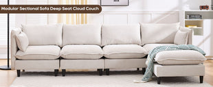 Modular Sectional Sofa, L Shaped Couch Set for Living Room, 4-Seater Comfy Cloud Couches with Movable Ottoman Beige