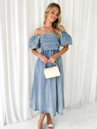 Off - Shoulder Balloon Sleeve Denim Dress - 7DAY'S