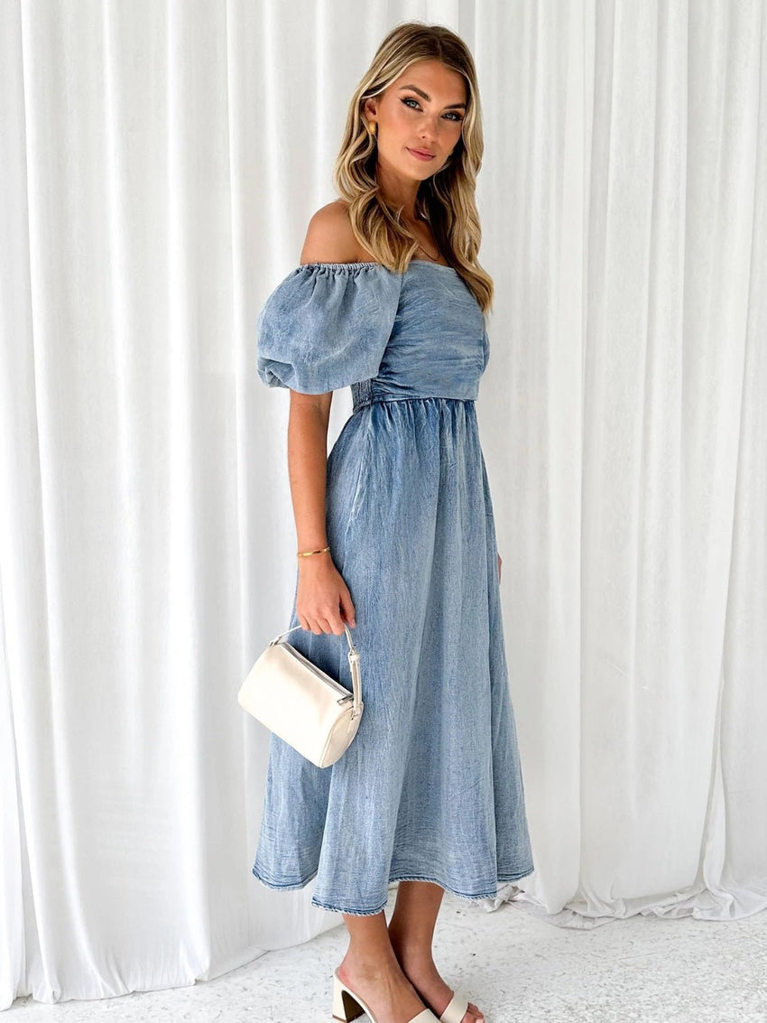 Off - Shoulder Balloon Sleeve Denim Dress - 7DAY'S