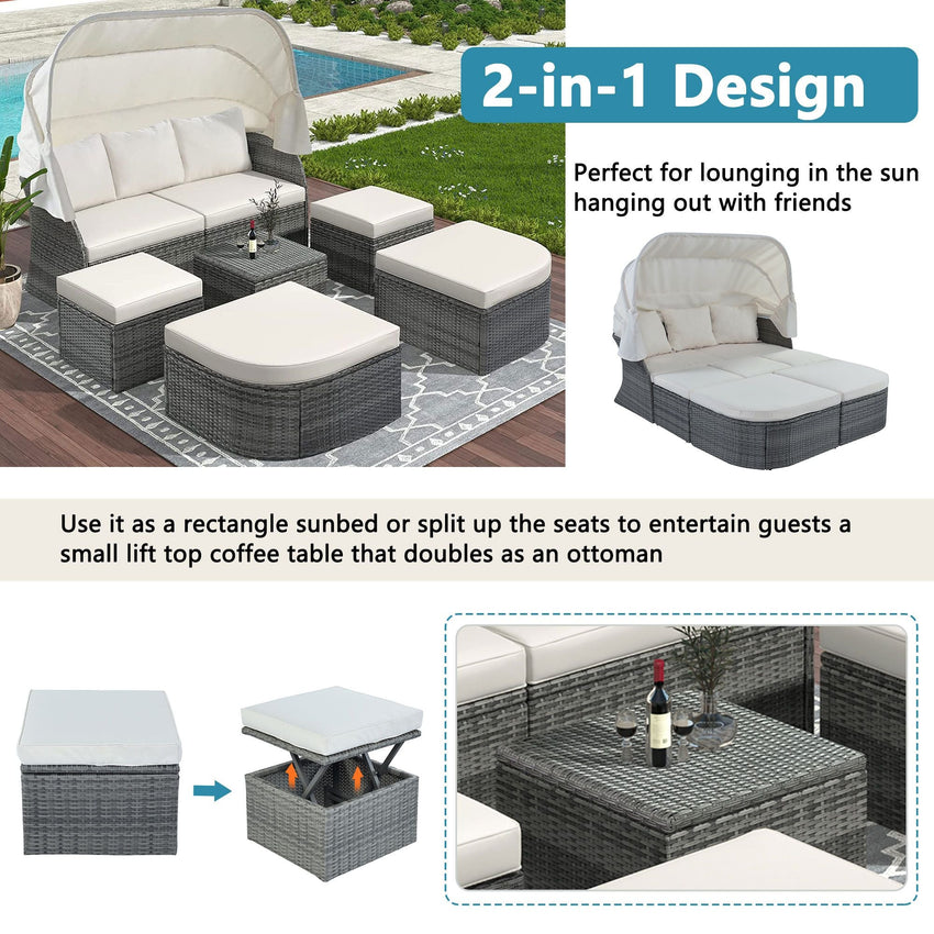 Outdoor Patio Furniture Set Daybed Sunbed with Retractable Canopy Conversation Set Wicker Furniture Sofa Set - 7DAY'S