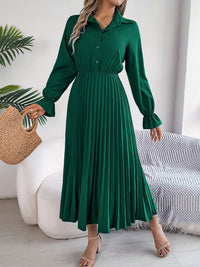 Pleated Half Button Long Sleeve Midi Dress - 7DAY'S