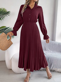 Pleated Half Button Long Sleeve Midi Dress - 7DAY'S